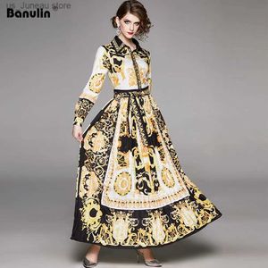 Grundläggande avslappnade klänningar Banulin Runway Designer Womens Maxi Dress 2020 Spring Vintage Barock Floral Print Puff Slve Sashes Pleated Shirt Dress T240330