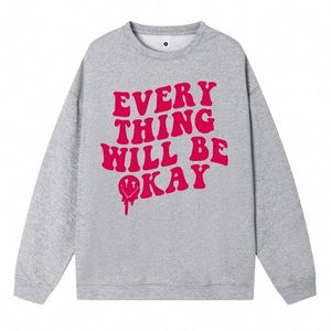 kış artı beden sweatshirt her şey iyi olacak mutlu yüz baskı baskılar hoodies polar yumuşak kazaklar sıcak kıyafetler 13dv#