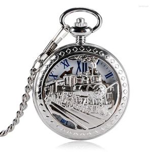 Pocket Watches Classic Męska sieć zegarków Roman Numerals Srebrny Ton Train Mechanical Ręka Wind Fob Nice Gift