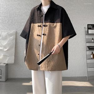Мужские повседневные рубашки, мужская лоскутная текстурированная рубашка с коротким рукавом и пуговицами с лацканами Camisa Masculina 2024, уличная мода, корейские топы