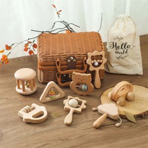 Giocattoli Montessori in legno per bambini Giocattoli educativi per sonagli all'uncinetto in legno senza BPA Bracciale succhietto educativo per nati Giocattoli da masticare per massaggiagengive 240327