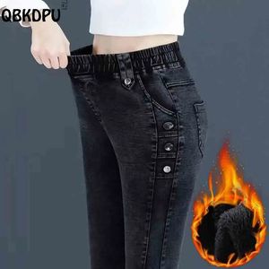 Cintura alta inverno estiramento jeans mulheres veludo forrado vintage lavagem magro lápis vaqueros oversize 32 engrossar quente magro denim calças 240318