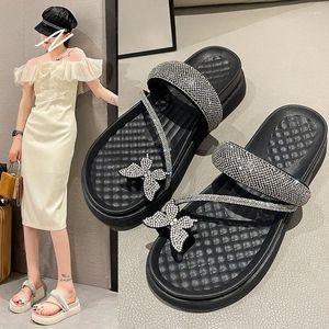 Tofflor Fashion Crystal Butterfly Summer Women Sweet Pearl Thick Platform Slides Woman Outdoor Cross Strap Med Heels Sandaler