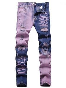 Jeans masculinos roxo rasgado primavera verão fino ajuste reto buraco algodão denim calças angustiado destruído streetwear 28-40