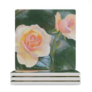 Table Mats Peaches And Cream Original Oil Painting Ceramic Coasters (Square) Drink Set Stand Cute Cup Flower