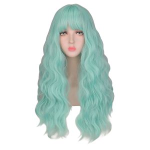 Wigs QQXCAIW Long Synthetic Curly Green Pink Red Wigs with Bangs Women Natural Silky Heat Resistant Hair Wig