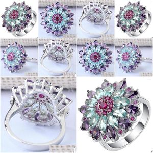 Обручальные кольца Ufooro Blooming Love Flower Ring Colorf Zircon Женский Белое Золото Обручальное Годовщина Для Женщин Прямая Доставка Ювелирные Изделия Dhsgf