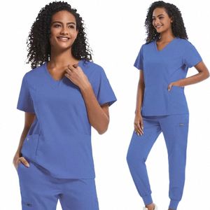 Tıbbi Scrubs Tekdüzen Kadın Hemşire Scrub Set Unisex Pocket Üst Zipper Pantolon 2 Parça Joggers Hemşirelik ameliyathane kıyafetleri J5TV#