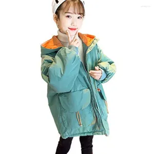 ダウンコート2024冬の子供の女の子濃い暖かい独立したカラーパーカー子供ポケット​​フード付きジャケットファッション韓国スタイルの子供ティーンエイジ