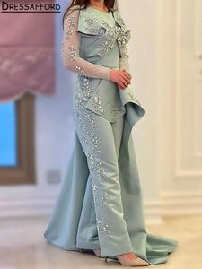 Party Dresses Modern Long Sleeve Dubai Jumpsuit Evening Dress Ribbons Diamonds Beading Bow Saudi Arabic Formal Gown