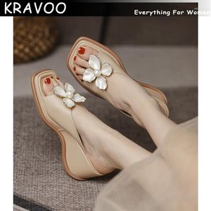 Slippers KRAVOO Wedges Shoes For Women High Heels Women's Flower Pearl Casual Sandals Square Toe Peep Beach Slides 2024