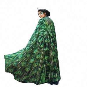 SHAWL CAPE CHIFF THIN SHACK CLOAK Women New Peacock LG Tailed Green Lace Up Dance Costume Round Neck Cloak Half Length Dr G5R5#