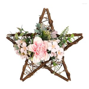 Decorative Flowers 12Inch Wreath Front Door Decoration Star Shape With Camellia - Wood Pentagram Wall Hanging