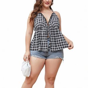 Plus Size Women's Plaid Halter Lace Up V Neck Cami Tank Top Spaghetti Strap Fuffle Trim Blouse Backl Casual Summer T-shirt E41D#