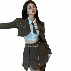 Flickor Uniform Korea skoluniformer för kvinna passar High School Student Mini kjol Hot Girls Tie Shirt Chain Belt College Party H8IL#