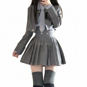2023 jk корейская форма студенческий стиль рубашка с рукавами LG короткий костюм куртка с высокой талией плиссированная юбка fi комплект из трех предметов s787 S15c #