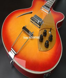 RIC 330 6 Cordas Cereja Sunburst Corpo Semi Oco Guitarra Elétrica Gloss Verniz Rosewood Fingerboard Checkerboard Encadernação Ouro 6808200