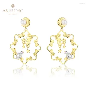 Stud Earrings AC Freshwater Pearls 4-4.5mm Accent Stars And Bird Studs 18K Gold Two Tone Solid 925 Silver Floral Filigree PE1035