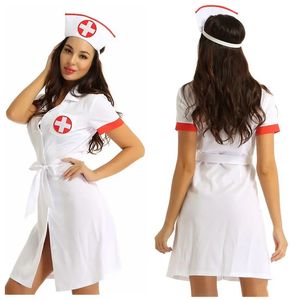 Women Female Sexy Nurse Costumes Deep V Neck Doctor Cosplay Adult Uniform Roleplay Themed Party Dress with Belt and Hat 240319