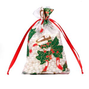 50/100pcs 10X15 13X18cm Colored red white Christmas Organza Bag Gauze Element Jewelry Bags Packing Drawable Organza Gift Bags 55