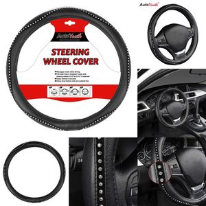 Upgrade AUTOYOUTH Fashion Steering Wheel Cover Black Lychee Pattern With Crystal Rhinestone M Size Fits 38Cm/15" Diameter