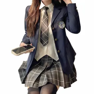 japanese School Uniform JK Suit Girls Lg Blazer Tie Plaid Skirt White Shirt Medal Five-piece Women Sexy Spring and Autumn Suit P7qa#