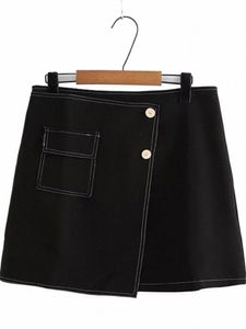 プラスサイズの女性のスカートn-stretchポリエステルサマーブラックミニスカート非対称ステッチポケットとバットA6x3＃