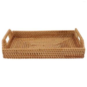 Bandeja de servir retangular de rattan, estatuetas decorativas tecidas à mão com alças, cesta de vime para café da manhã