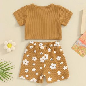 Kleidungssets für geborene Babys, Sommerkleidung, Waffelstrick, kurzärmelig, Blumendruck, bauchfreies Top, Shorts, 2-teilig, lässiges Outfit