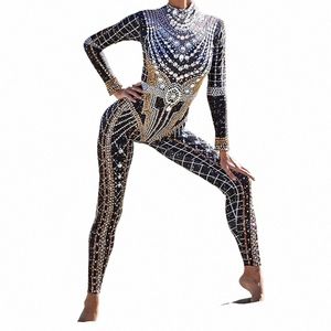 dance show Sparkly Rhinestes Jumpsuit Women Lg Sleeve Spandex Nightclub Prom Party Outfit Singer Wear 571U#