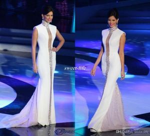 Miss Universe Pageant Evening Dress White High Neck Crystals Cap Sleeve Mermaid 2021 Celebrity Gowns Formal Party Prom Dresses2193887