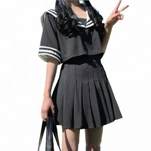 costumes Suit Student White Uniform Versi Japanese Korean Sailor Pleated Crop Top Girls Cosplay Black School W9rU#