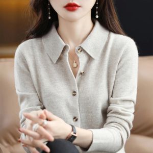 Autumn/Winter New Women's Sweater 100% Merino Wool Polo Neck Knitted Cardigan Jacket For Women Soft Solid Color SweaterFor Women