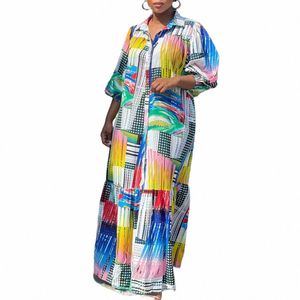 Plus Size Mehrfarbig Täglich All Over Print Lg Sleeve Maxi Dress 013C#