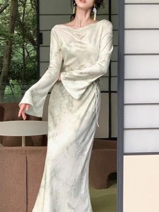 Casual Dresses Backless Long Women Sleeve Evening Dress Female French Elegant Vintage Wrap Ladies Slim Lace Up Vestidos