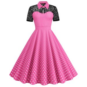 L Womens Suit Stand Collar Lace Short Sleeve See Through Mesh Stitching Polka Dot Retro Large Swing Dress