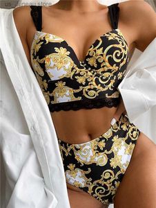 Women's Swimwear Sexy Vintage Print Womens Bikini Set Lace Strappy Padded Bra High Waist Bottoms Swimsuit Fashion Female Beachwear Swimwear T240330