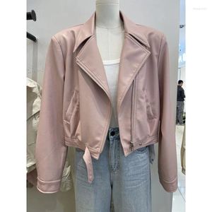 Women's Leather Brown PU Jacket Short 2024 Spring Lapel Motorcycle Top