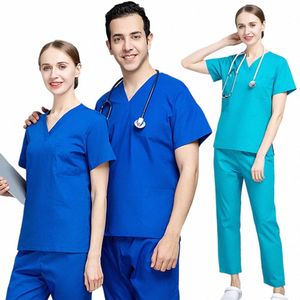 Médico Scrub Set Royal Blue Mulheres Homens Scrubs Conjuntos Sala de Cirurgia Top Calças Médico Enfermeira Outfit Scrubs Clínica Workwear Uniforme z86E #