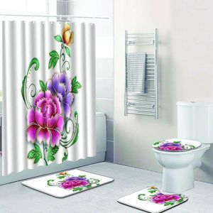 Bath Mats Drop Flower 4Pcs/Set Anti Slip Bathroom Rugs Set Waterproof Shower Curtain Rug Lid Toilet Cover Mat Home Decor