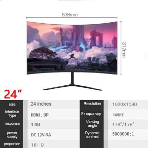 24 inch 165hz Curved Monitor Gamer 1ms HD Gaming Monitor PC LCD Monitor for Desktop Displays HDMI compatible Monitor Computer
