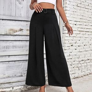 Calças femininas Mulheres Soltas Calças Flowy Perna Larga para Cintura Alta Fivela Ajustável Trabalho Streetwear Leve