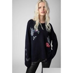 여자 스웨이터 Zadig Voltaire 23SS 여성 디자이너 스웨터 패션 새로운 작은 꽃 편지 자수 100% 캐시미어 니트웨어 드롭 D OTR3L