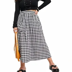 plus Size Elastic Waist Black And White Checked Summer Elegant Midi Skirt Pocket Frt Gingham A-line Skirt Large Size 6XL 7XL Z5BC#