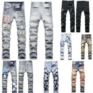 Modische neue Jeans für Herren, Designer-Jeans, Jeans für Herren, Röhrenjeans, Herren-Jeans, Star-Hosen, Herren-Hosen, Biker-Stickerei, zerrissen für trendige Herren-Jeans aus Baumwolle