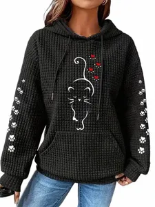 plus Size Casual Sweatshirt Women's Plus Cat & Paw Print Waffle Pattern Lg Sleeve Drawstring Hoodie With Pockets j73O#