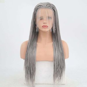Fantastisk silvergrå flätad spetsfront peruk med babyhår - 26 tum syntetiska lådflätor peruk för svarta kvinnor - underbar stil för alla tillfällen