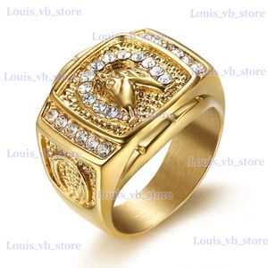 Band Rings HIP Hop Bling Iced Out Stainless Steel Horse Rings for Men Jewelry Size 7-15 T240330