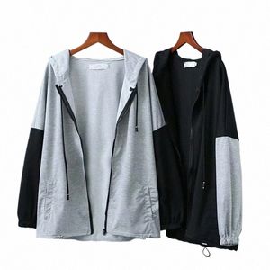 Plus Size Sport Coat Para Mulheres LG Mangas Cor Splicing Hoodie Fino Cott Misturado Tecido Grande Tamanho Casaco Fatwomen No Outono I11w #