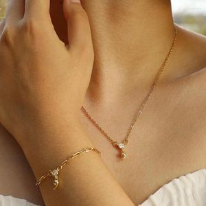 Link Bracelets Women Trendy Metal Pendant Chain Necklaces Gold Color CZ Stone Paperclip Rectangle Comma Charm Bling Jewelry Wristband